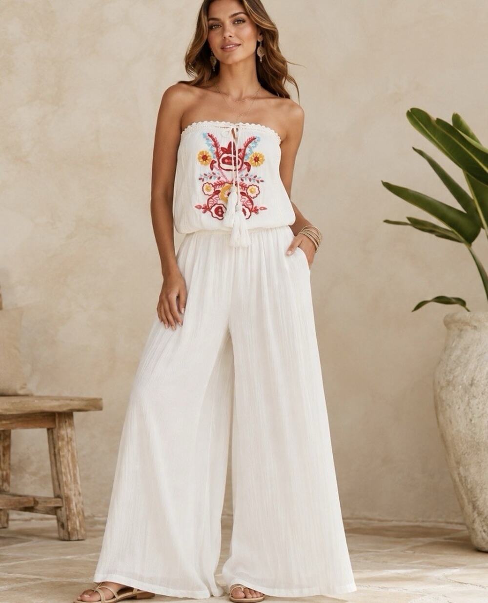 NWT Boston Proper L Floral Embroidered, Beads Strapless Boho Folk Flowy Pantsuit